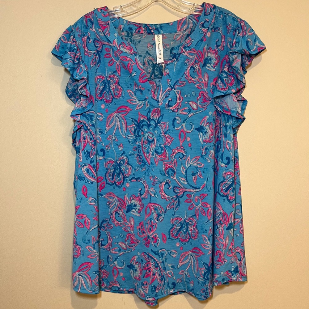 Dear Scarlett Lizzy Blouse Short Sleeve Flutter Top Blue Pink Floral Size XL